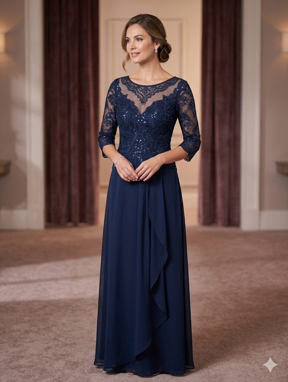 JJs House Navy Blue Lace Appliqué Chiffon A-Line Formal Dress